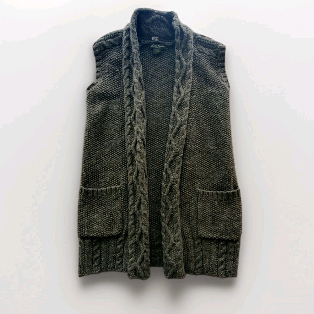 Eddie Bauer Wool Cardigan Vest Womens XS Gray Cable Knit Open Front Shawl Collar